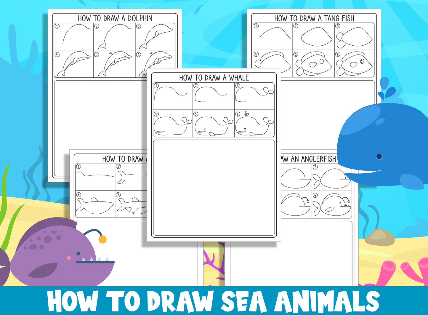 Learn How to Draw Sea Animals (Whale, Shark, Dolphin, Anglerfish, Tang Fish), Directed Drawing Step by Step Tutorial + 5 Coloring Pages