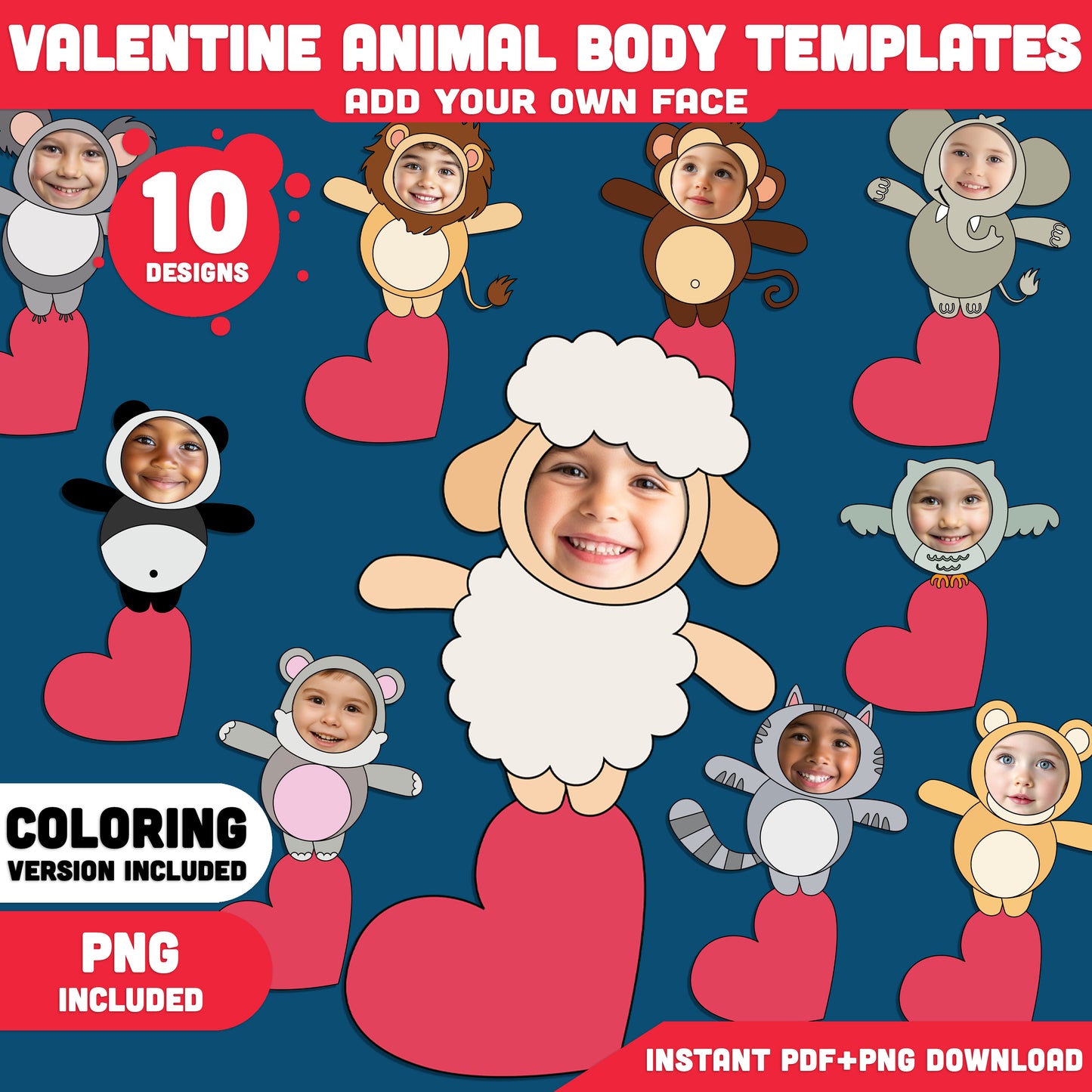 Valentine Animal Add Your Own Photo Crafts, Valentine Animal Body Templates with Coloring Pages, Valentine Art Activity for Kids, PDF & PNG