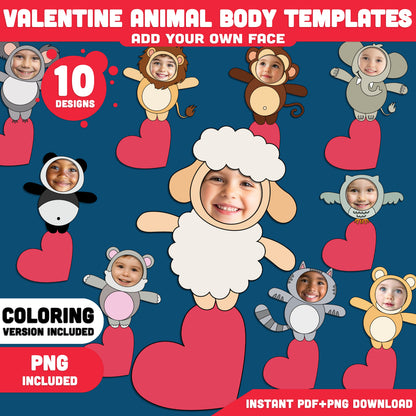 Valentine Animal Add Your Own Photo Crafts, Valentine Animal Body Templates with Coloring Pages, Valentine Art Activity for Kids, PDF & PNG