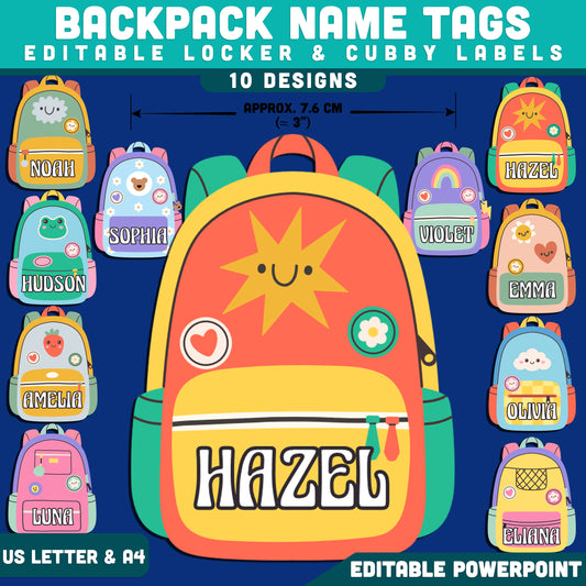 Kids Backpack Labels, Editable Name Tags, Locker & Cubby Labels, Fun School Organization, PowerPoint Template, 10 Designs, Student Spaces, US Letter