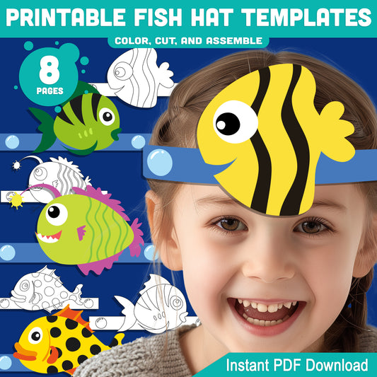Printable Fish Hat Templates – 8 Fun Paper Crowns with Pre-Colored + Black & White Options, Perfect for Kids’ Ocean Craft and Pretend Play