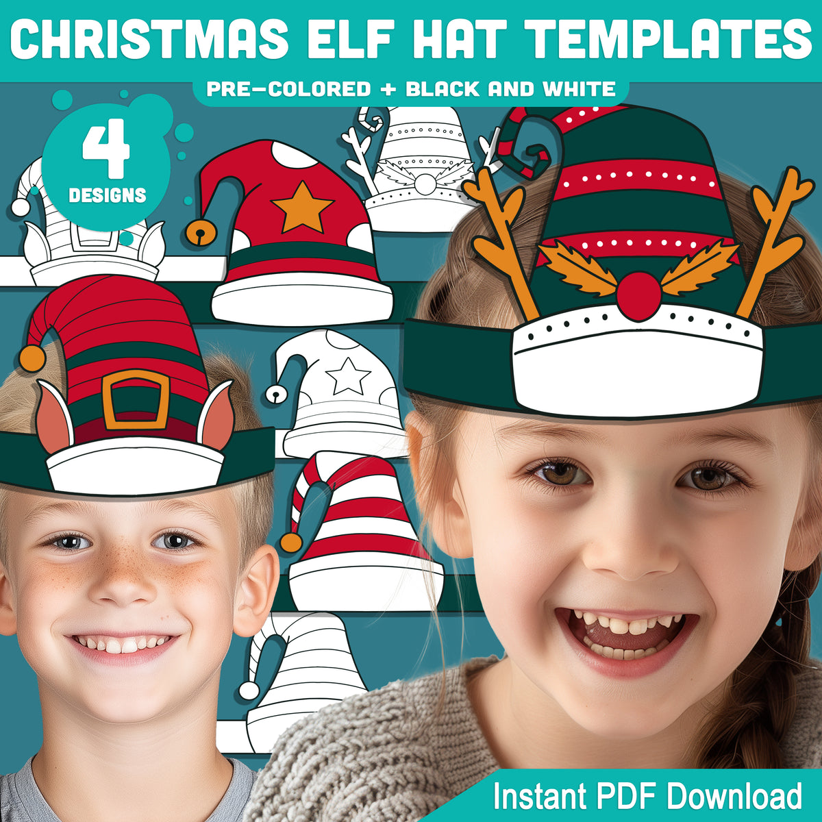 Christmas Elf Hat Templates, Kids Coloring Activity, Cut and Assemble Paper Hats