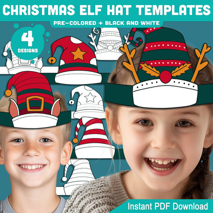 Christmas Elf Hat Templates, Kids Coloring Activity, Cut and Assemble Paper Hats