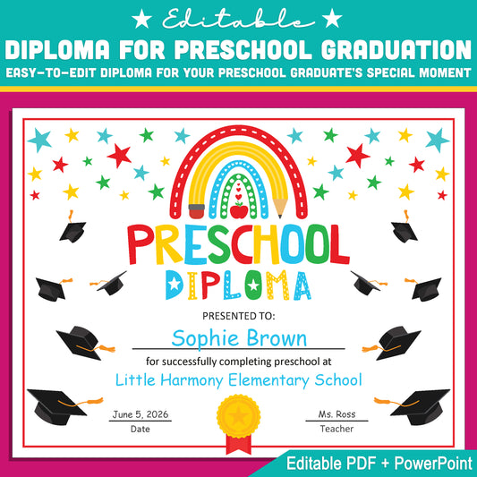 Editable Preschool Graduation Diploma Template: Customizable Letter Size Certificate in PDF + PowerPoint, Ideal for Last Day of School, Instant Download!