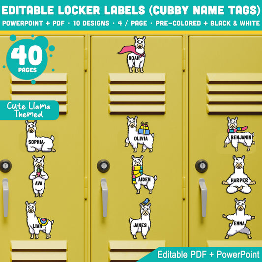 Editable Locker Labels (Cubby Name Tags), Cute Llama Themed Name Tags for Back to School, PDF + PowerPoint, 40 Pages, Instant Download
