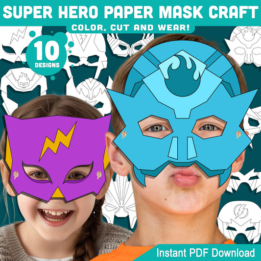 Super Hero Paper Mask Craft, Color Your Own Printable Masks, Cut & Wear Activity, Wearable Paper Masks, Instant PDF, US Letter, A4