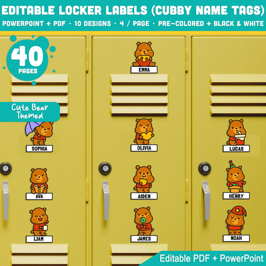 Editable Locker Labels (Cubby Name Tags), Cute Bear Themed, PDF + PowerPoint, Pre-Colored + Black & White, Perfect for School or Home Learning Spaces