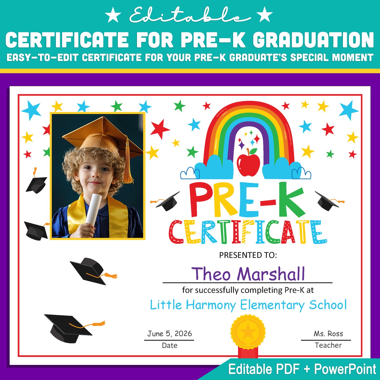 Editable Pre-K Graduation Certificate with Photo, Customizable Letter Size Template in PDF + PowerPoint, Perfect for End-of-Year Celebrations, Instant Download