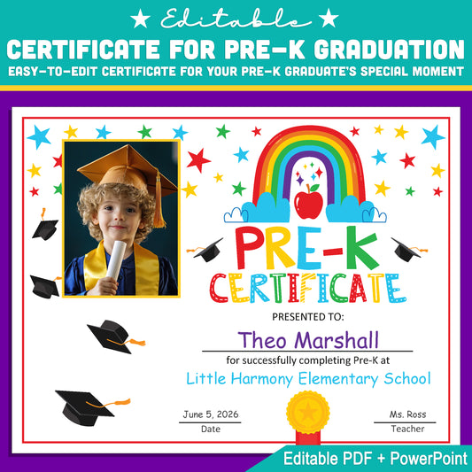 Editable Pre-K Graduation Certificate with Photo, Customizable Letter Size Template in PDF + PowerPoint, Perfect for End-of-Year Celebrations, Instant Download