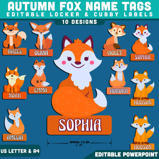 Autumn Fox Name Tags, Editable Locker & Cubby Labels, Cozy Fall Classroom Theme, PowerPoint, 10 Designs, Woodland Decor, US Letter, A4