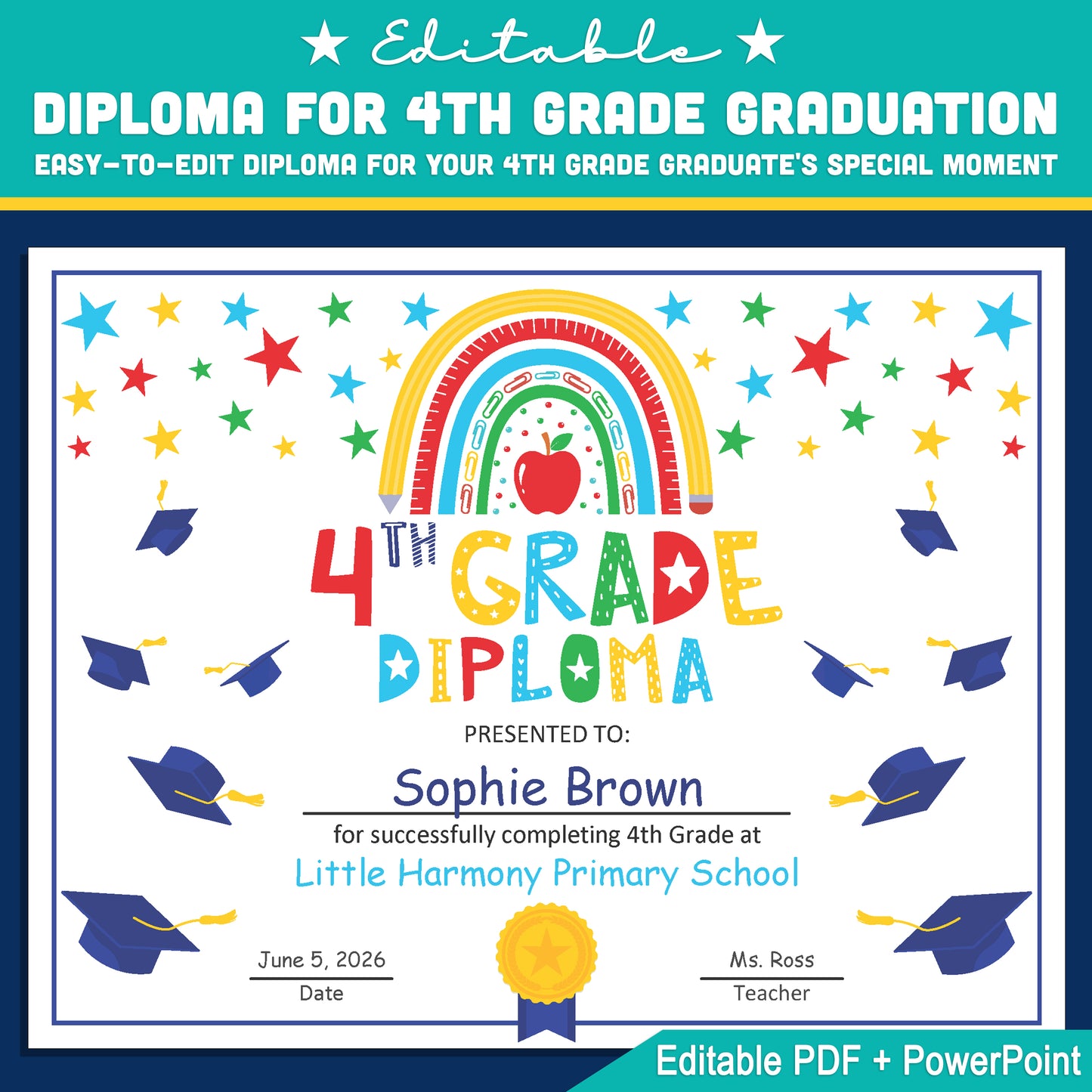 Fourth Grade Diploma Template: Editable PDF & PowerPoint for Graduation Ceremonies, Milestone Events, and Student Achievement Recognition