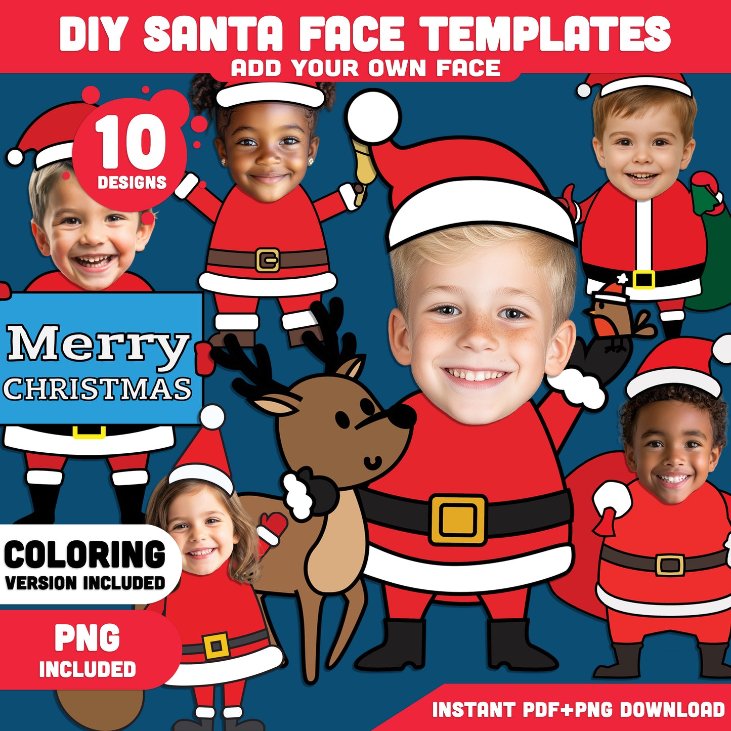 DIY Santa Face Templates – Add Your Own Face Crafts, 10 Designs, Coloring Version Included, High-resolution PDF + PNG Files for Classroom Projects, Home Crafts, and Winter Fun
