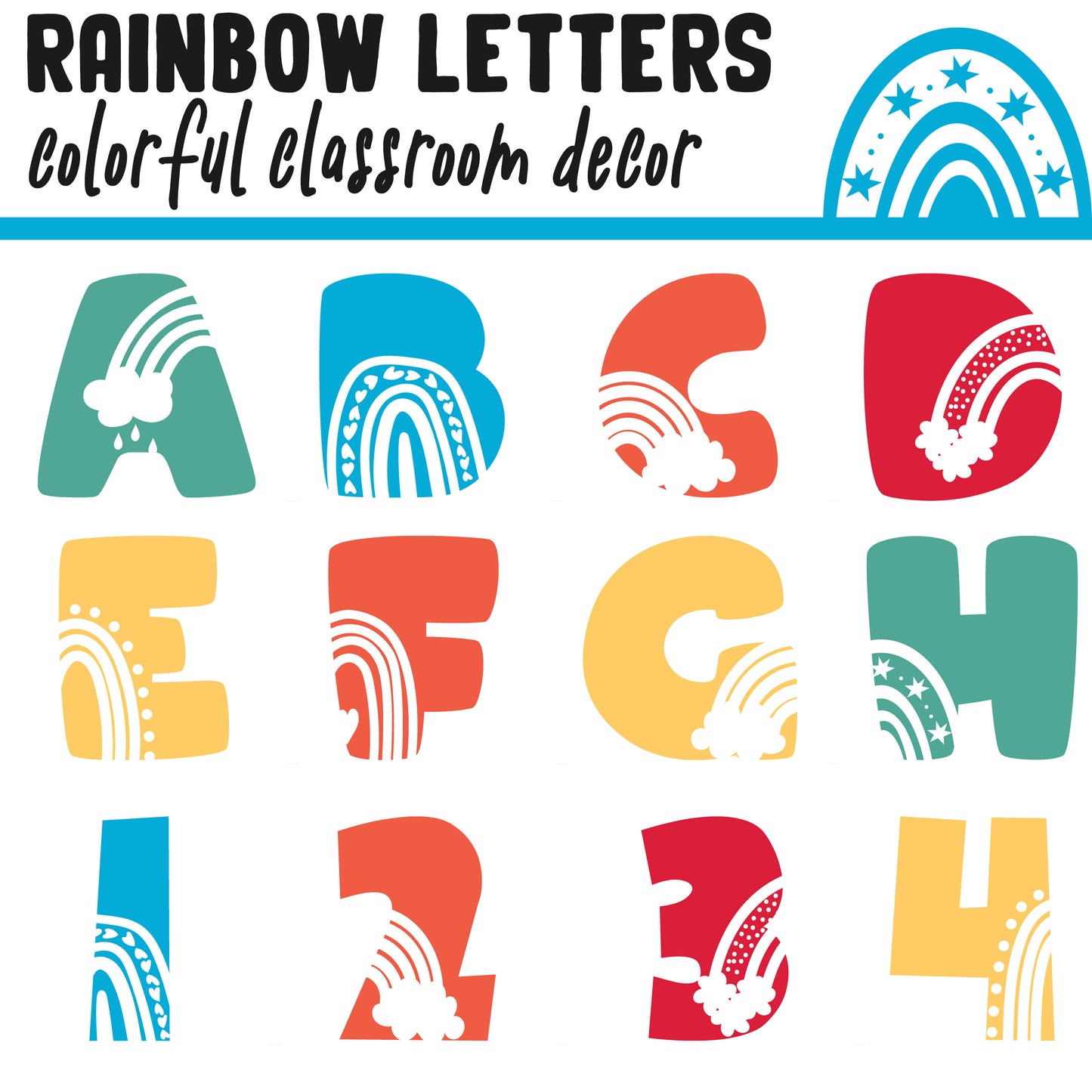 Rainbow Bulletin Board Letters | A - Z, Letters and Numbers,1 and 2 Per Page, Colorful Classroom Decor