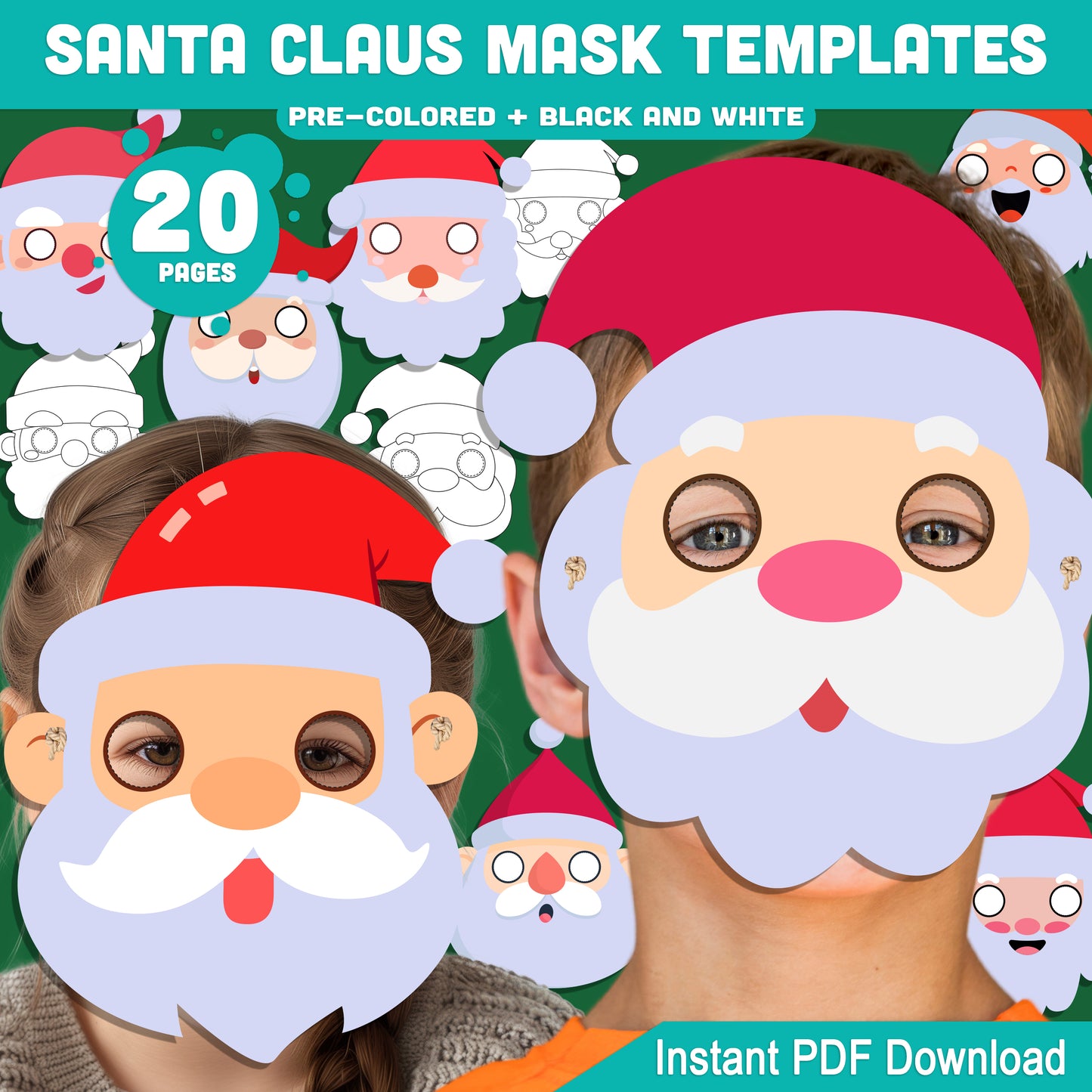 Printable Santa Claus Mask Templates: Fun Christmas Craft for Kids, 10 Designs, 20 Pages (Pre-Colored + Black and White), Perfect for Classroom or Home, PDF