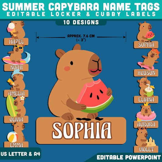Summer Capybara Name Tags, Editable Locker & Cubby Labels, Playful Classroom Organization, PowerPoint Template, 10 Designs, School Decor, US Letter, A4