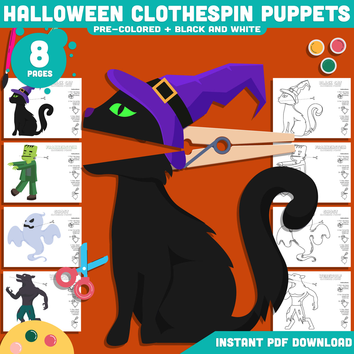 Halloween Puppet Craft for Kids, Black Cat Ghost Frankenstein Werewolf