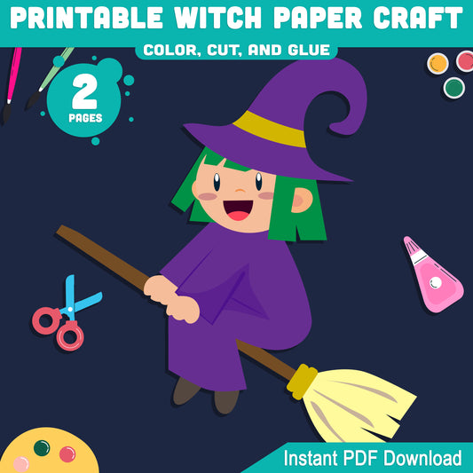 Printable Witch Paper Craft – Easy Color, Cut & Glue Halloween Activity for Preschool, Pre-K, Kindergarten, Perfect for Fine Motor Skills Practice