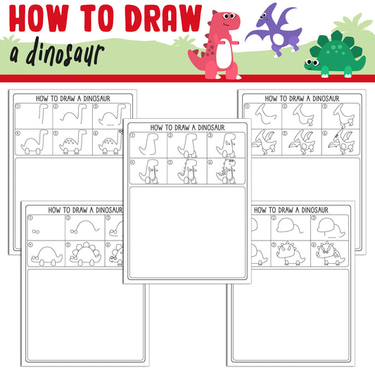 Learn How to Draw a Dinosaur Easy: Directed Drawing Step by Step Tutorial, Includes 5 Coloring Pages, PDF File, Instant Download.