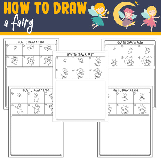 Learn How to Draw a Fairy: Directed Drawing Step by Step Tutorial, Includes 5 Coloring Pages, PDF File, Instant Download.