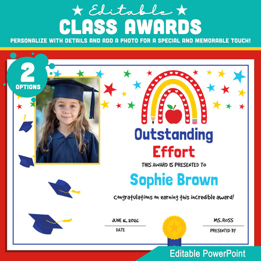 Editable Class Awards – Superlative Certificates You Can Personalize with Student Photos or Custom Text, 2 PowerPoint Options Included