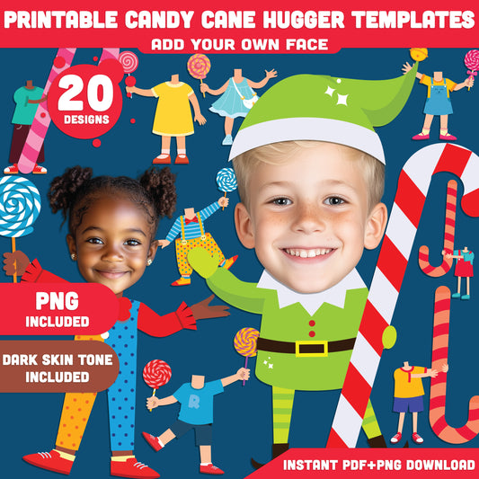Printable Candy Cane Hugger Templates, Add Your Face Craft for Winter and Christmas, 20 Designs Light Skin + 20 Designs Dark Skin, Fun School or Home Activity, PDF+PNG