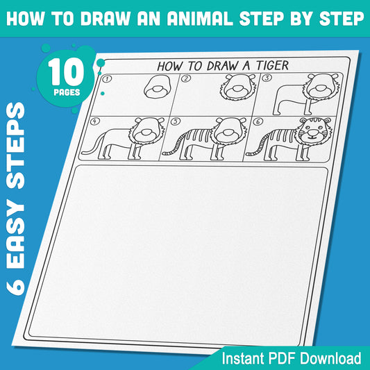 Easy Animal Drawing Lessons: Step-by-Step Tutorials & Coloring Pages for Tiger, Hippo, Giraffe, Zebra, Horse - Download Now