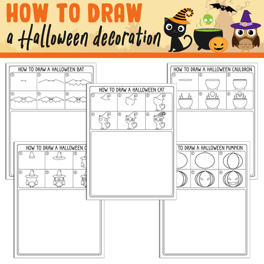 Learn How to Draw a Halloween Decoration: Directed Drawing Step by Step Tutorial, Includes 5 Coloring Pages, PDF File, Instant Download.