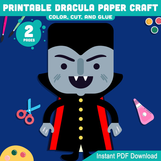 Printable Dracula Paper Craft for Preschool, Pre-K, Kindergarten – Fun Color, Cut and Glue Activity, Pre-Colored & Black and White, Halloween Project