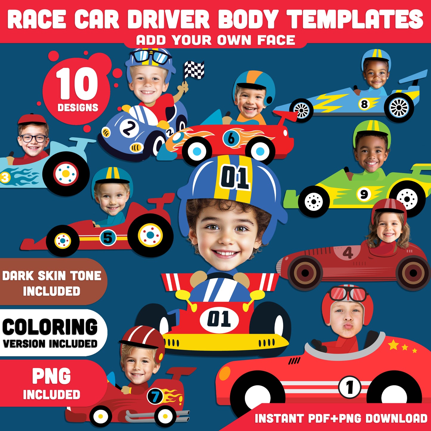 Race Car Driver Add Your Own Face Craft, Build Your Own Racing Star, Sports and Transportation Craft, Coloring Version Included, PDF PNG Templates