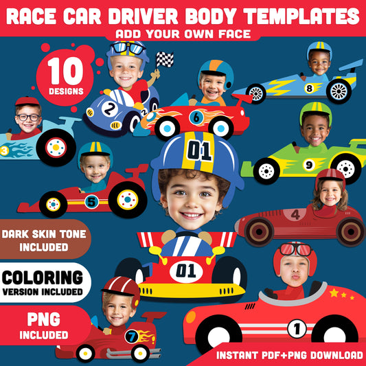 Race Car Driver Add Your Own Face Craft, Build Your Own Racing Star, Sports and Transportation Craft, Coloring Version Included, PDF PNG Templates