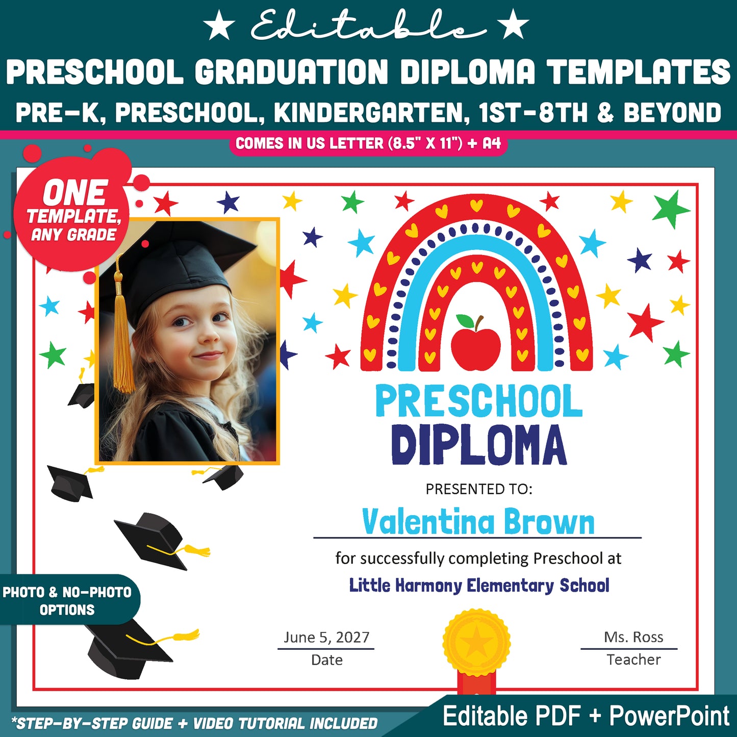 Editable Preschool Graduation Diploma Templates, Printable Student Keepsakes, PDF and PowerPoint, Pre-K to 8th & Beyond