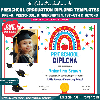 Editable Preschool Graduation Diploma Templates, Printable Student Keepsakes, PDF and PowerPoint, Pre-K to 8th & Beyond
