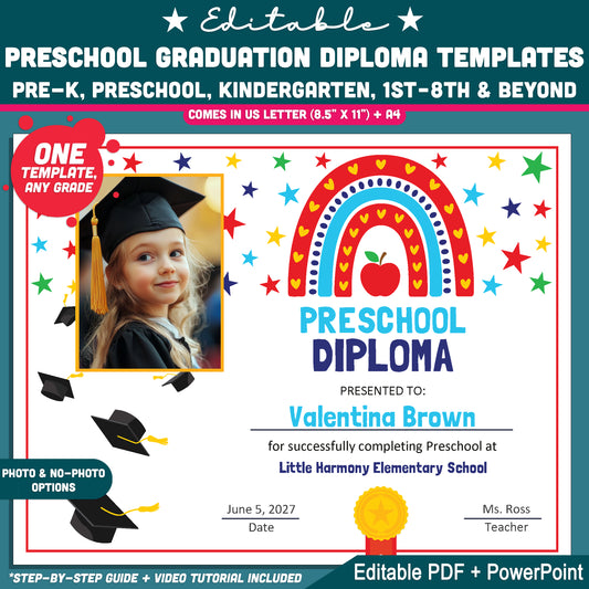 Editable Preschool Graduation Diploma Templates, Printable Student Keepsakes, PDF and PowerPoint, Pre-K to 8th & Beyond