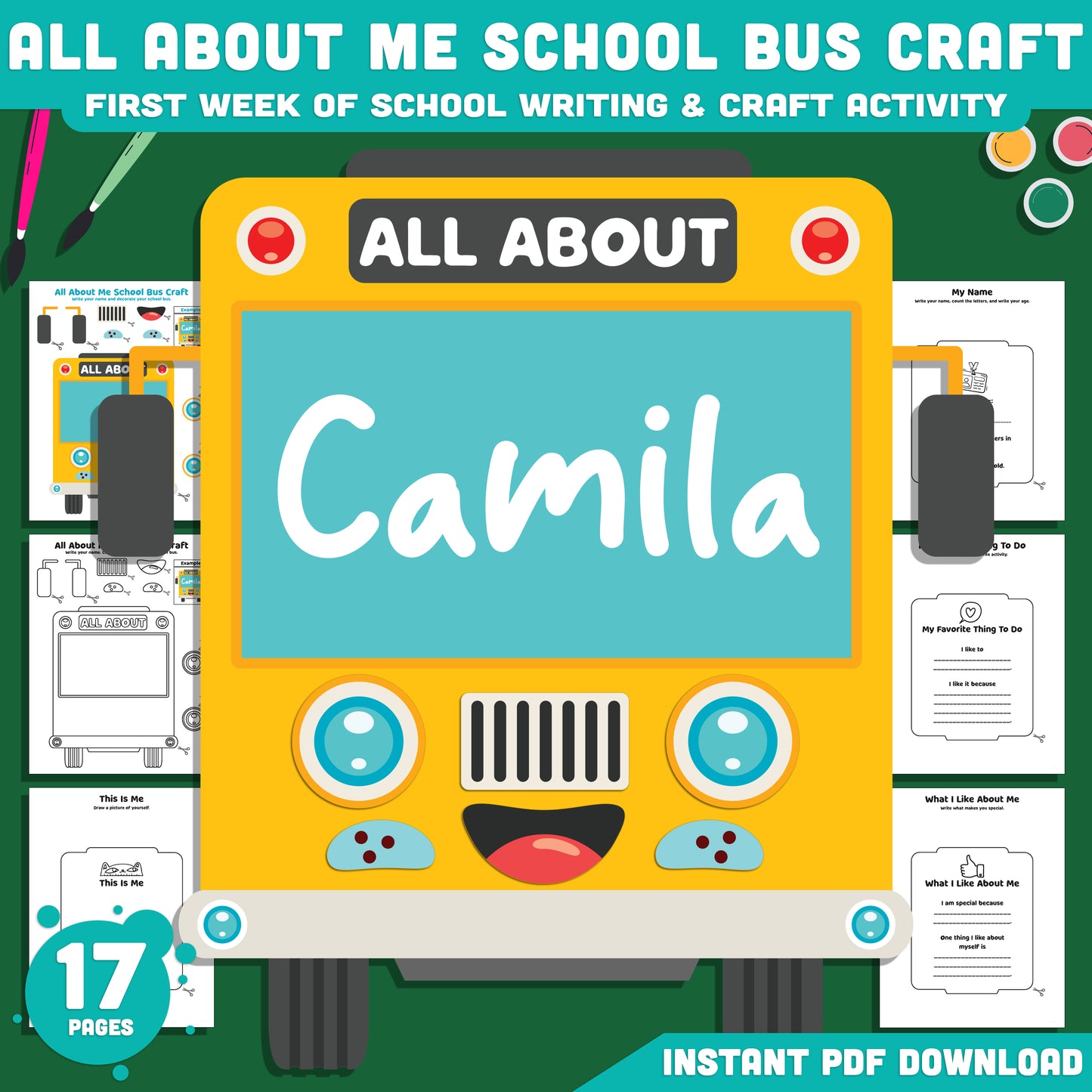All About Me School Bus Craft, Student Introduction Book, First Week Back to School Activity, Printable PDF