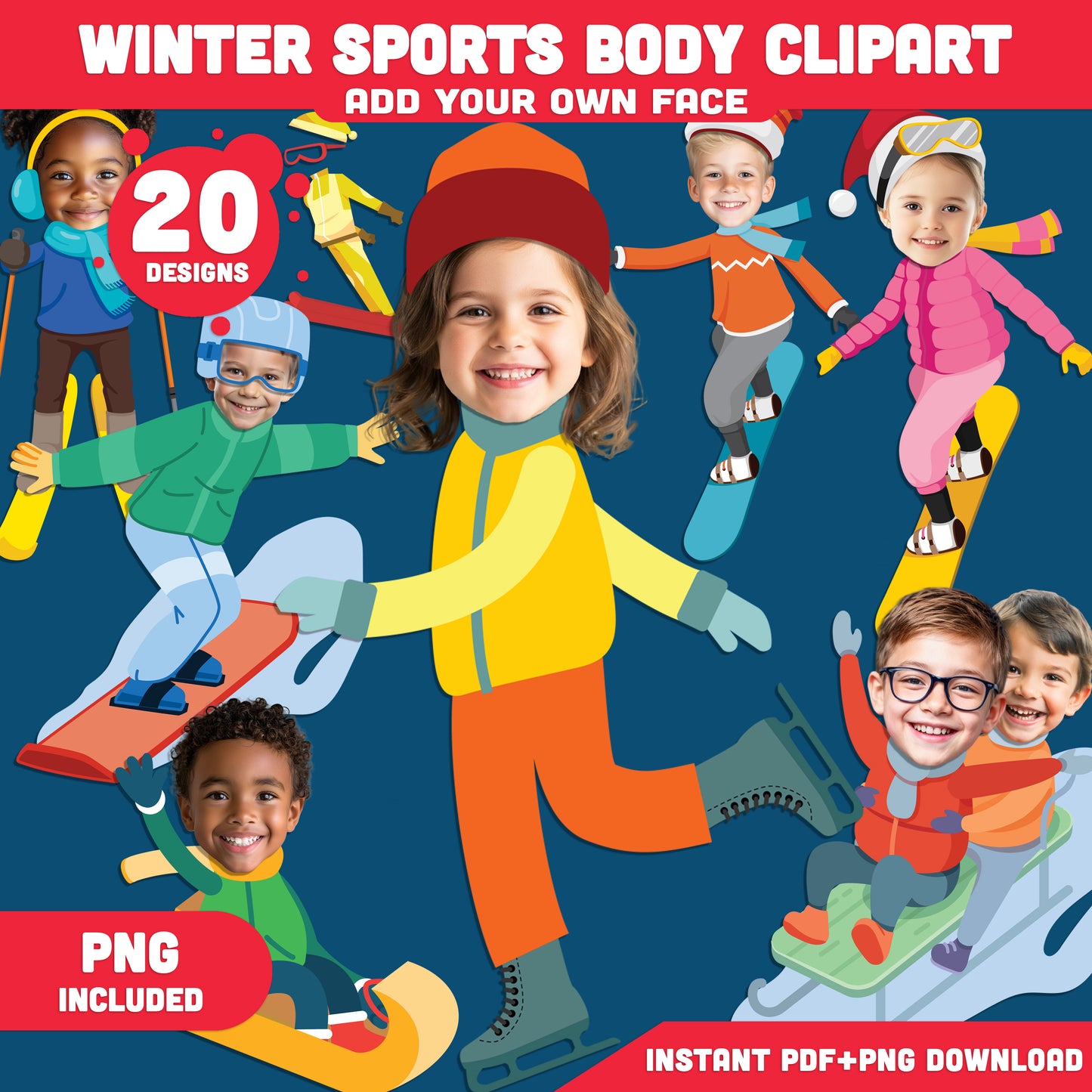 Winter Sports Body Clipart – Add Your Face, Add-Your-Face Winter Sports Templates, 20 Designs, High-Resolution PDF + PNG Files for Classroom Crafts, Home Activities, and Seasonal Projects
