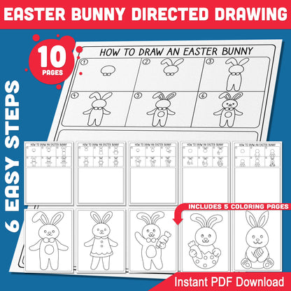 Easter Bunny Directed Drawing Worksheets – How to Draw Easter Bunny, 6 Easy Steps, 5-Page Drawing Tutorial Guide, Coloring Pages Printable PDF