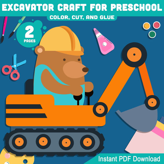 Preschool Excavator Craft: Interactive DIY Color, Cut, and Glue Activity for Kids, Ideal for Art Projects at Home or in the Classroom, PDF Download