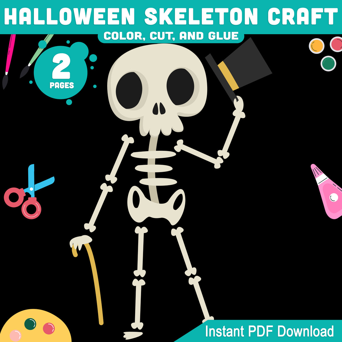 Halloween Skeleton Craft, Build a Skeleton, Spooky Cut and Glue Activity, Pre-Colored & Black and White, US Letter & A4