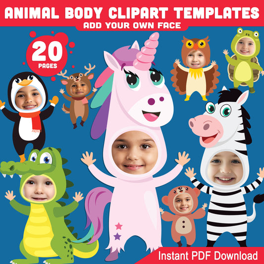 Funny Animal Body Cutouts: DIY Face Swap Craft with Animal Body Clipart Templates, Add Your Own Face for Creative Kids’ Fun, 20 Cute Designs, Instant PDF