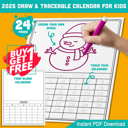 2025 Traceable Calendar for Kids: 12-Month Template to Trace and Draw, Includes Free 12-Month Blank Calendar Template, PDF Instant Download, 8.5x11 Inches