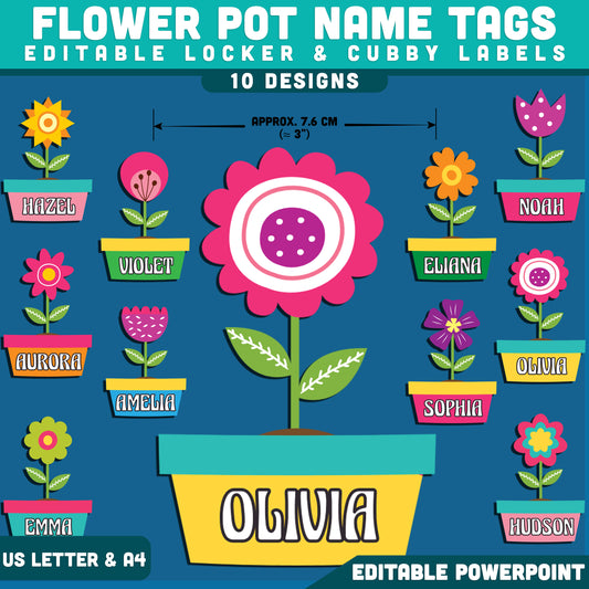 Flower Pot Name Tags, Editable Locker & Cubby Labels, Printable Classroom Organization, Editable PowerPoint, 10 Bright Designs, US Letter, A4