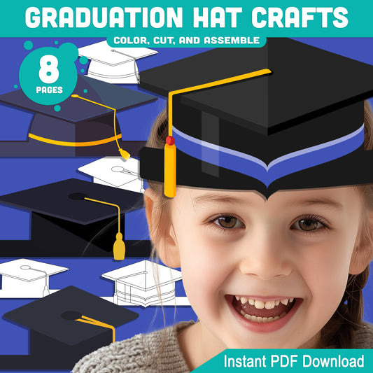 Graduation Crown Craft Templates for Preschool & Kindergarten – 4 Printable Paper Hats in Color & B&W, Summer Activity, PDF 8 Pages
