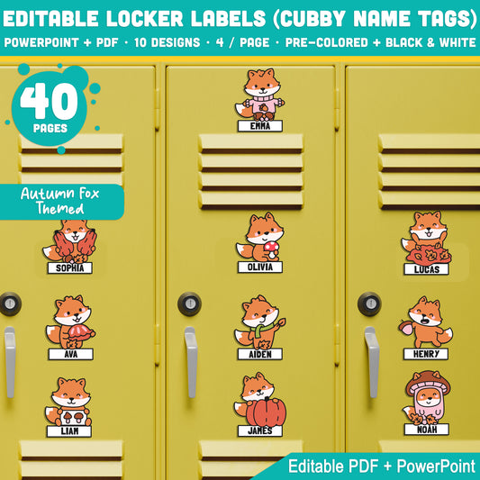 Editable Locker Labels (Cubby Name Tags), Cute Autumn Fox Themed, 10 Designs, 8.5x11, 40 Pages, PDF + PowerPoint, Pre-Colored + Black & White, Digital