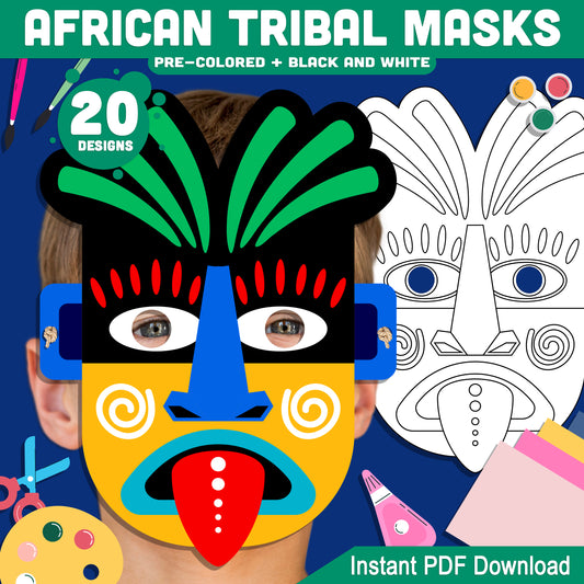 DIY African Tribal Mask Craft: 10 Unique Printable Designs, 20 Pages with Pre-Colored & Black and White Versions for Kids’ Cultural Art, Instant PDF Download