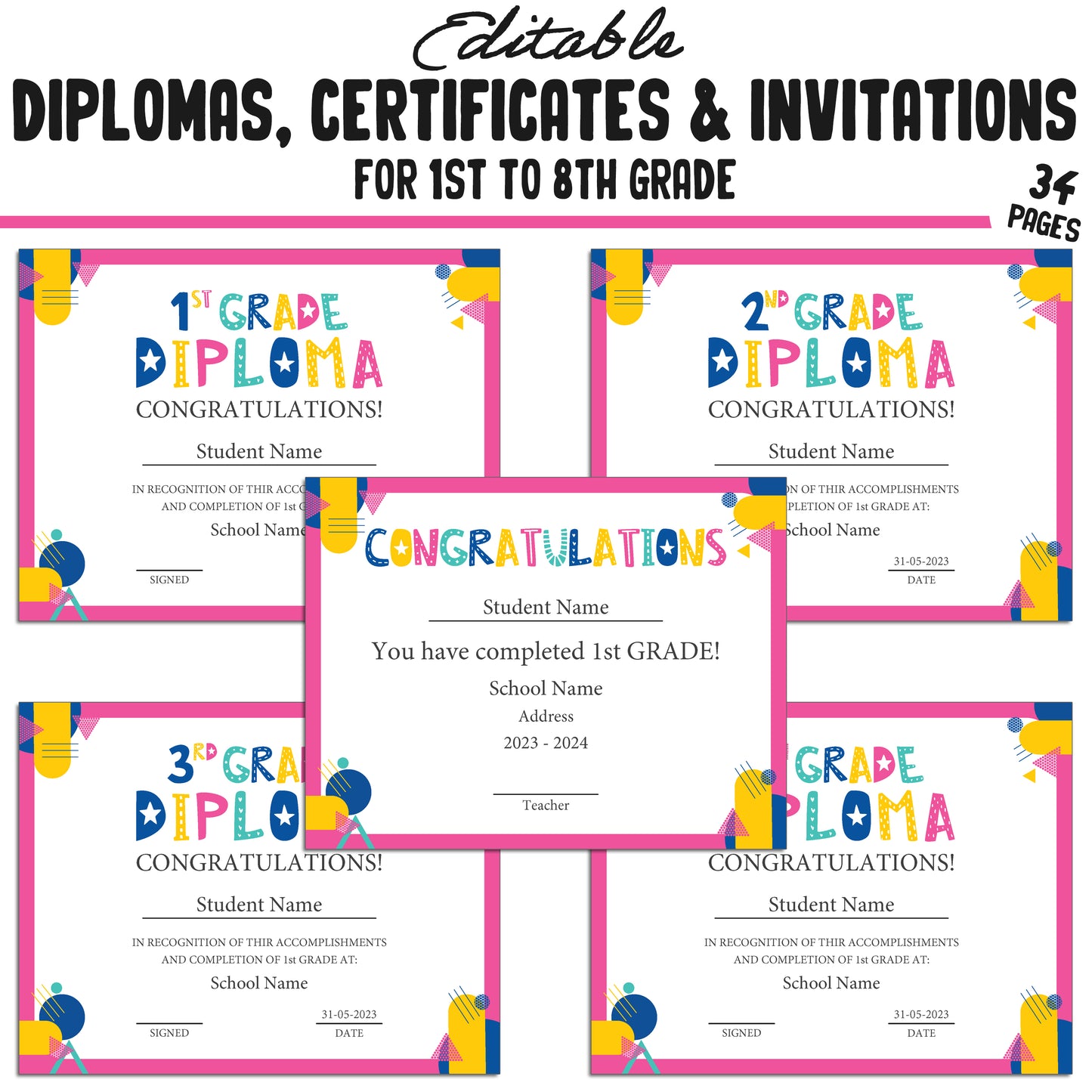 Editable Diploma for 1st Graders, 1st-8th Grade Graduation Certificates & Invitation Templates in a Flat Modern Theme - PDF Instant Download