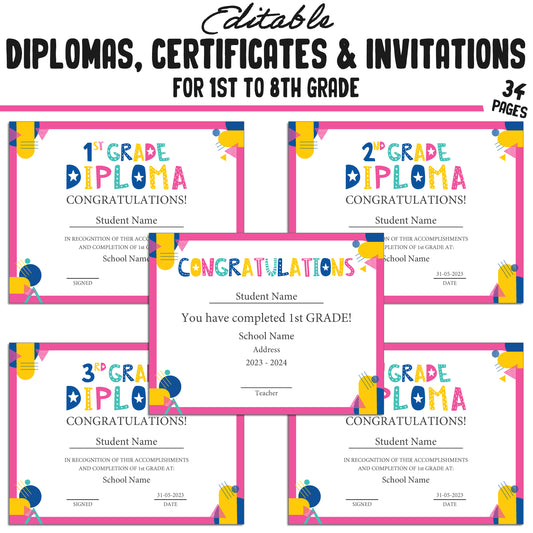 Editable Diploma for 1st Graders, 1st-8th Grade Graduation Certificates & Invitation Templates in a Flat Modern Theme - PDF Instant Download