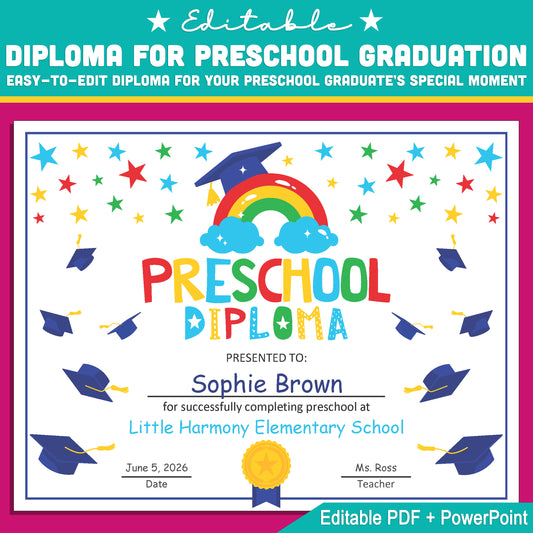 Preschool Graduation Diploma Template: Editable Letter Size PDF and PowerPoint, Customizable Design for End of Year Graduation Events