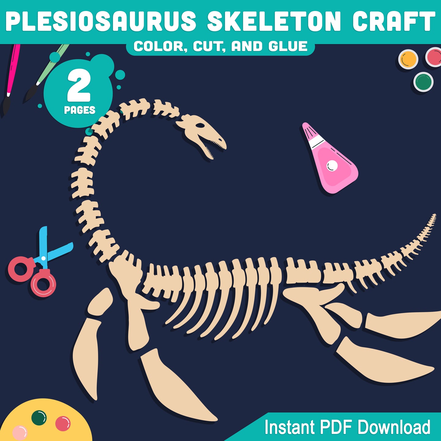 Plesiosaurus Skeleton Craft, Build a Prehistoric Sea Animal Skeleton, Printable Color, Cut and Paste, US Letter, A4 PDF