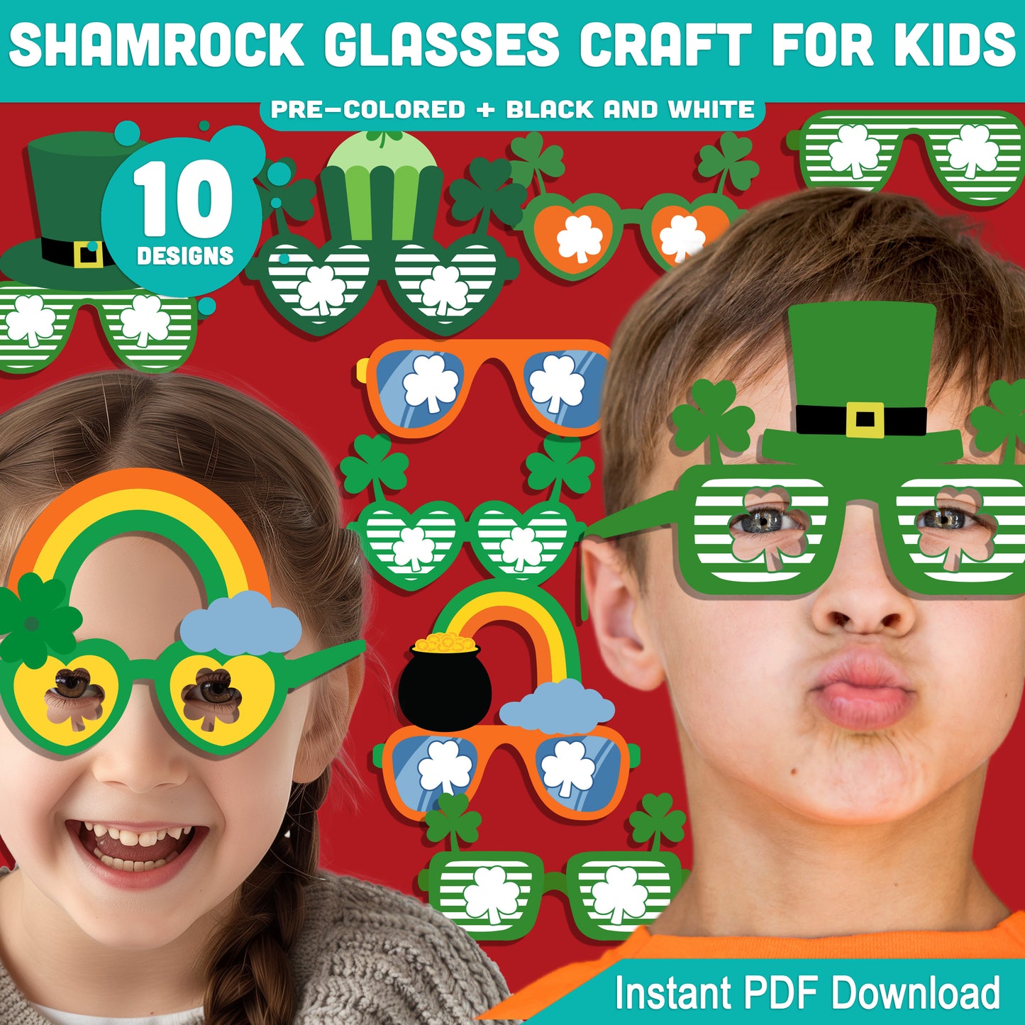 Printable Shamrock Glasses Craft for Kids, St. Patrick’s Day Glasses Craft Activity, 10 Shamrock Designs, Pre-Colored and Black White PDF