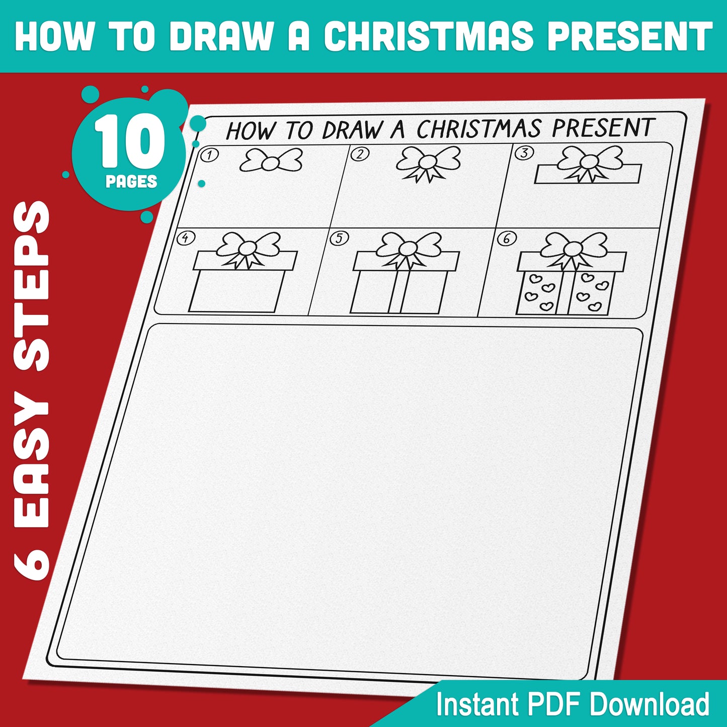 Step-by-Step How to Draw a Christmas Present for Kids: 5-Page Drawing Guide + 5 Holiday Coloring Pages for Festive Fun, Instant PDF Download